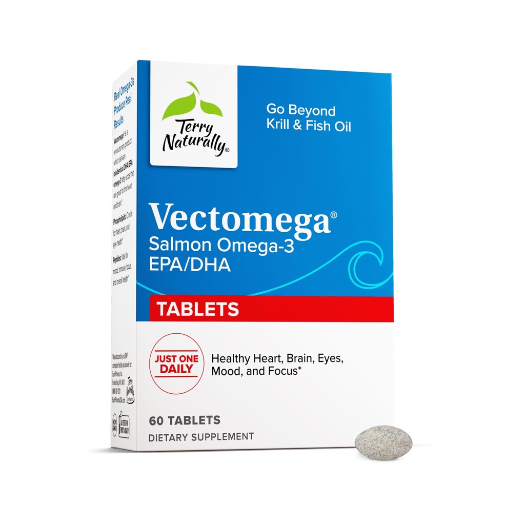 Terry Natural Vectomega - Suplement z EPA & DHA - Omega-3 Tablets for Brain & Heart Health Support - Suplement odżywczy z Esential Fatty Acids & Peptydes - 60 Tablets