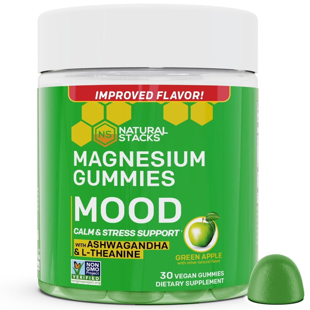 Nastrojowe gumki magnezowe - 200 mg cytratu magnezowego i 125mg gumek sensoril Ashwagandha - z L Theanine for Calm & Stress Support - Mag Citrate and Ashwagandha Supplement - 30 Green Apple Chewables