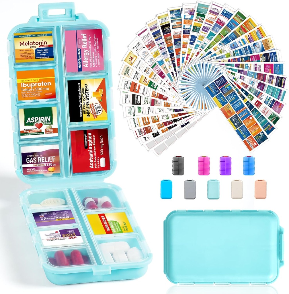 14 Grids Travel Pill Organizer Box z 415- Pcs Medicine Name Labels - Pocket Daily Pharmacy Case Case Kit - Travel Medication Holder Dispenser for Fish Oil Supplement Supplement Storage - Sky Blue