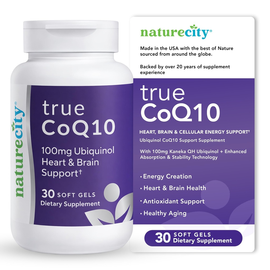NatureCity True- CoQ10 Ubichinol 100mg Wysoce wchłaniane i stabilizowane Kaneka QH CoQ10 Heart, Brain and Cellular Energy Supplement - (30 Soft Gels) Active CoQ10 as Ubichinol