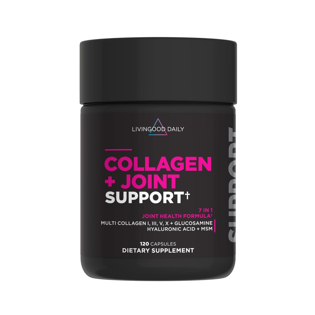 Livingood Daily Collagen + Joint Support, Grass Fed Multi Collagen Peptydes I III V X z kwasem hialuronowym, Joint Support Supplement for Women & Men, Hair Skin Nails, Keto & Gluten Free, 120 Kapsułki