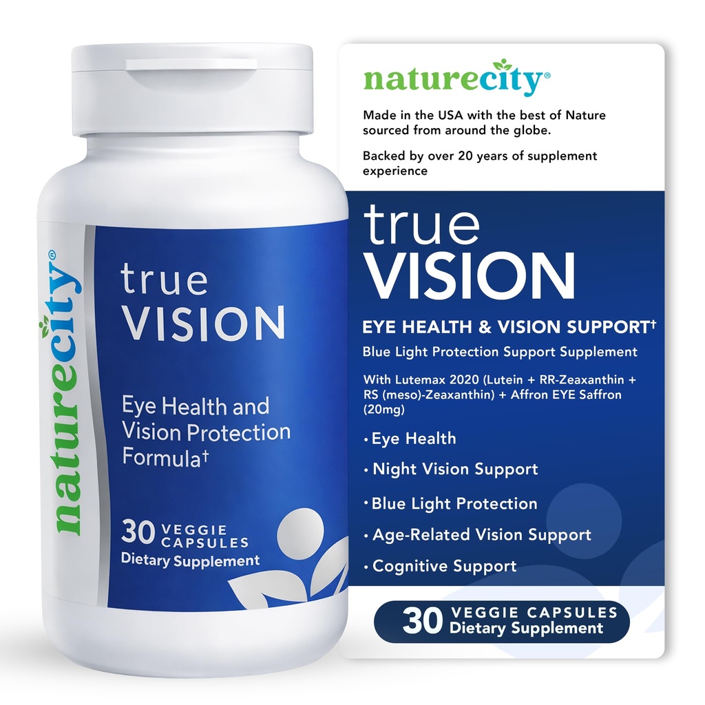 NatureCity True- Vision Eye Health Supplement - Luteina na bazie plantacji i Zeaksantyna z Saffron o dużej mocy 20 mg - Blue Light Protection, Support Central and Night Vision (30 Kapsułki Veggie)