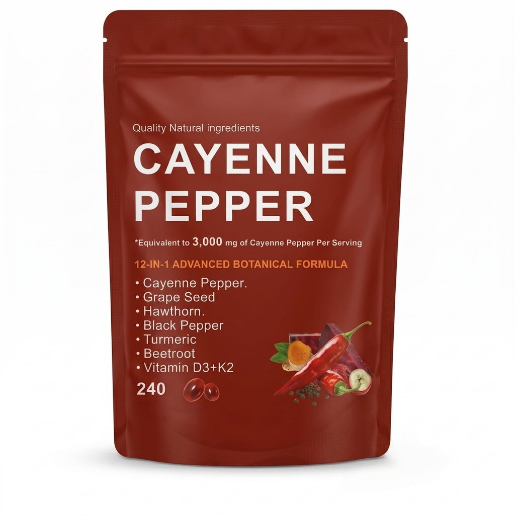 Cayenne Pepper Softgels Supplement 12-in-1 per Serving with Vitamins D3, K2 & E Features Hawthorn, Beetroot & Turmeric 240 Capsules