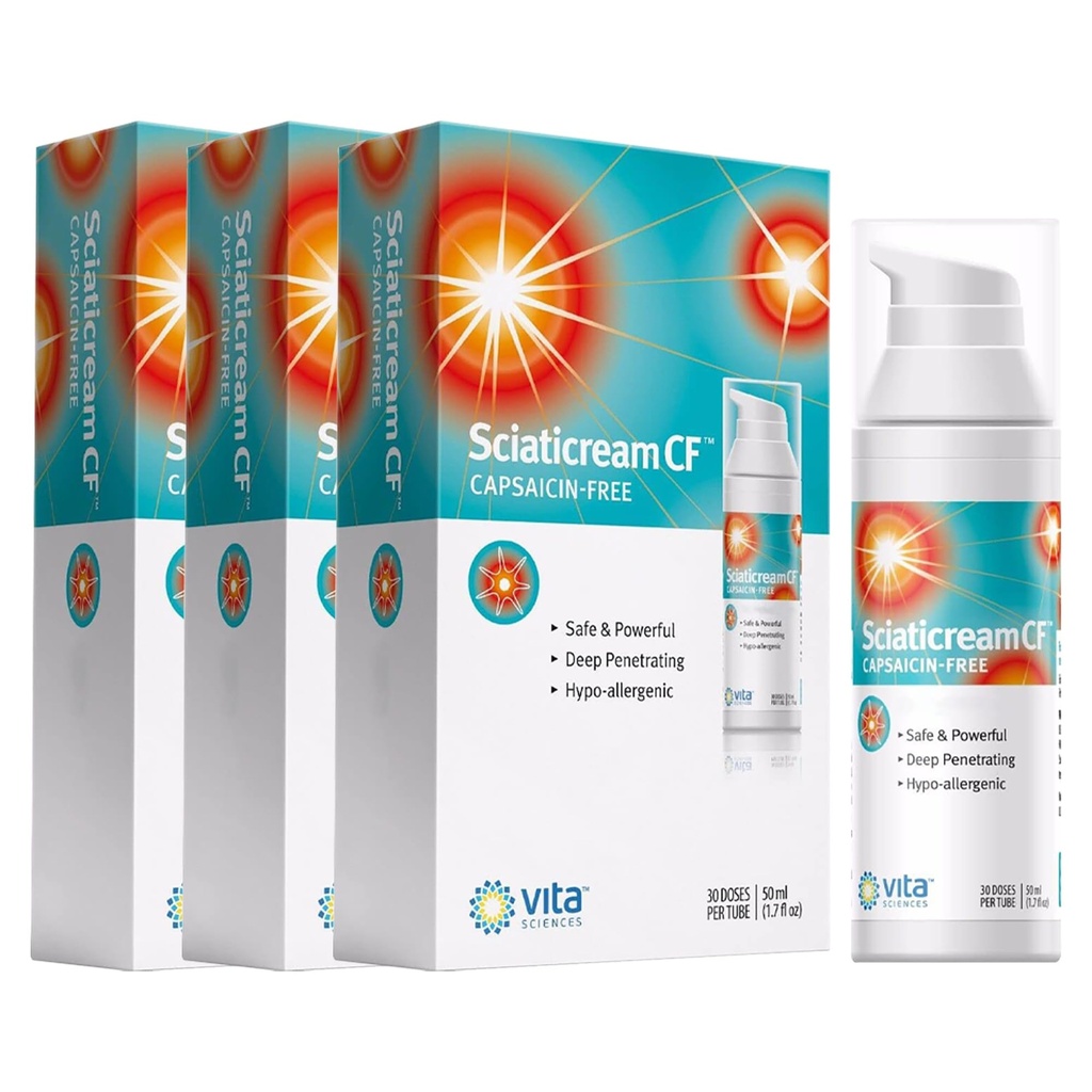 Vita Sciences Sciaticream CF: Rapid Soothing Cream for Sciatic Nerve with Arnica, B1, B5, B6, MSM, Aloe and Coconut Oil Base. Capsaicin-FREE. Fast Acting Soothing Formula - Pack of 3
