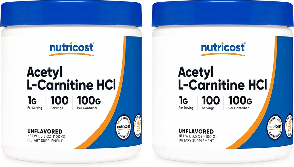 Nutricost Acetyl L- Carnitine (ALCAR) 100 GMS (2 Pack) - 100 Sług Każdy - 1000mg Na Podawanie - Czysty Acetyl L- Karnityna Proszek - Nie GMO, Gluten Free