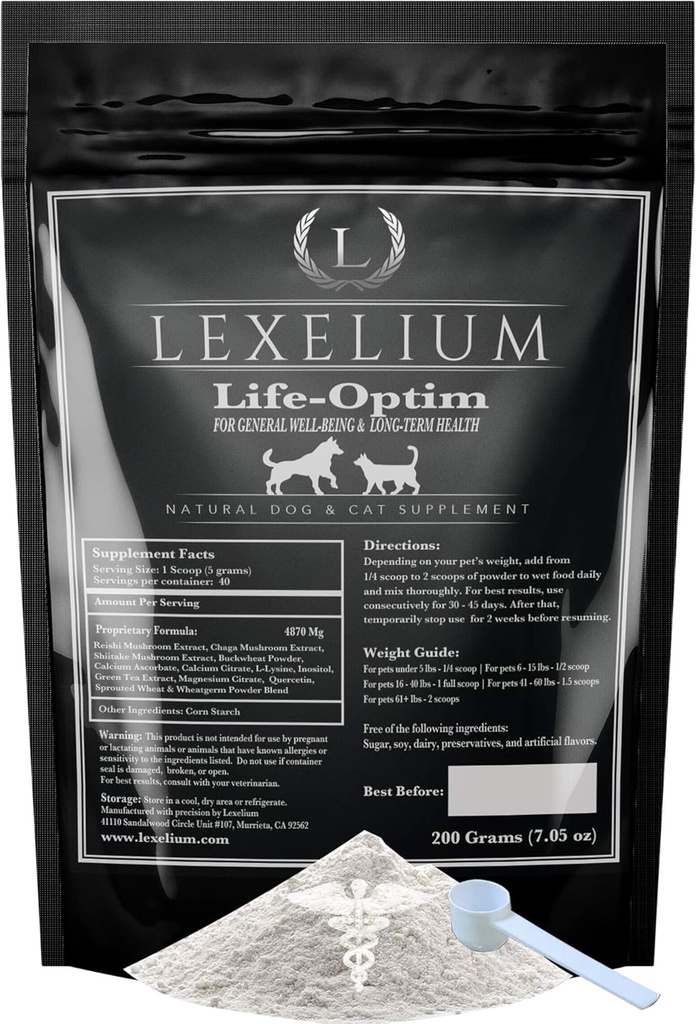 Life- Optim Terminal Identity Support Blend dla psów i kotów 124; 100% Natural Supplement Powder Building 124; Zaprojektowany w celu zwiększenia i poprawy jakości życia 124; 200 Bag Gram Powder
