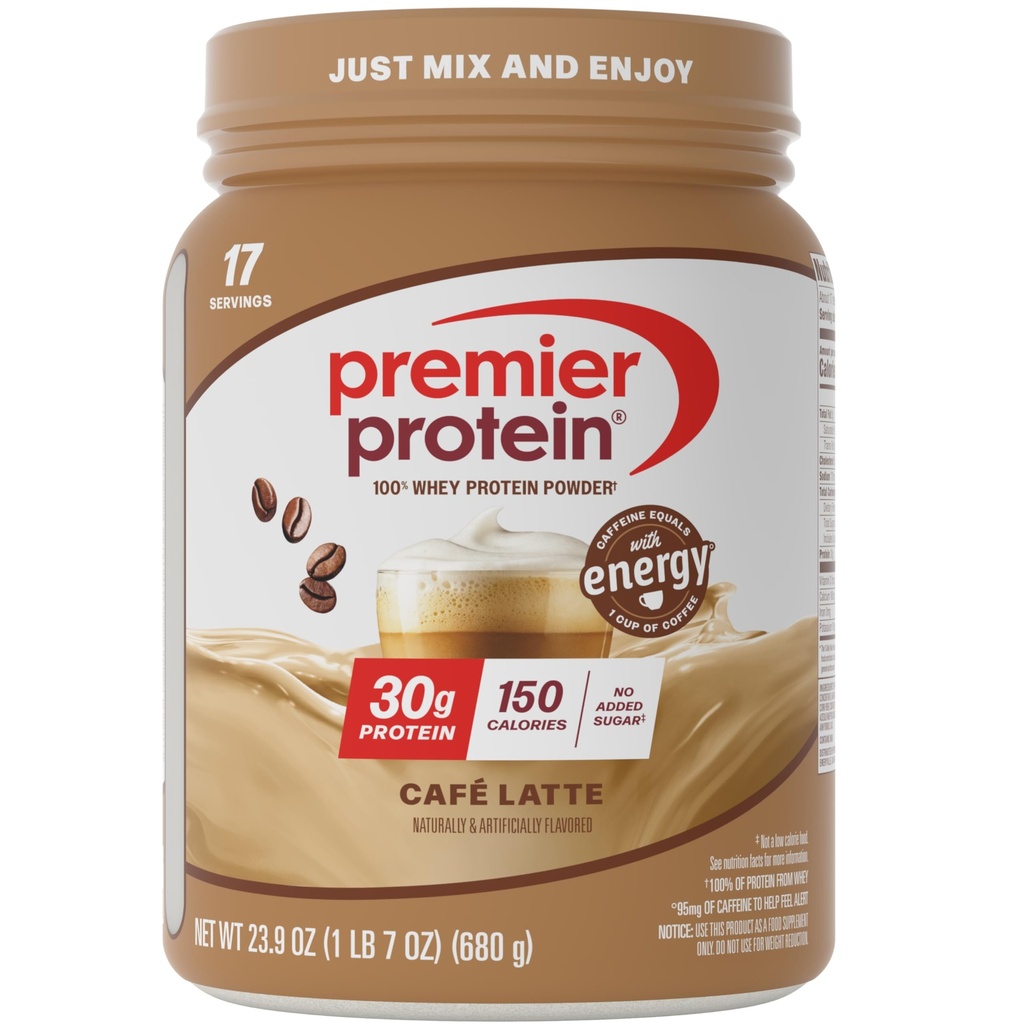 Premier Protein Powder, Café Latte, 30g Protein, 1 g Cukier, 100% Białko serwatki, Keto Friendly, Gluten Free, No Soy, 95mg Kofeina dla Energii, 23.9 oz (17 Sług)