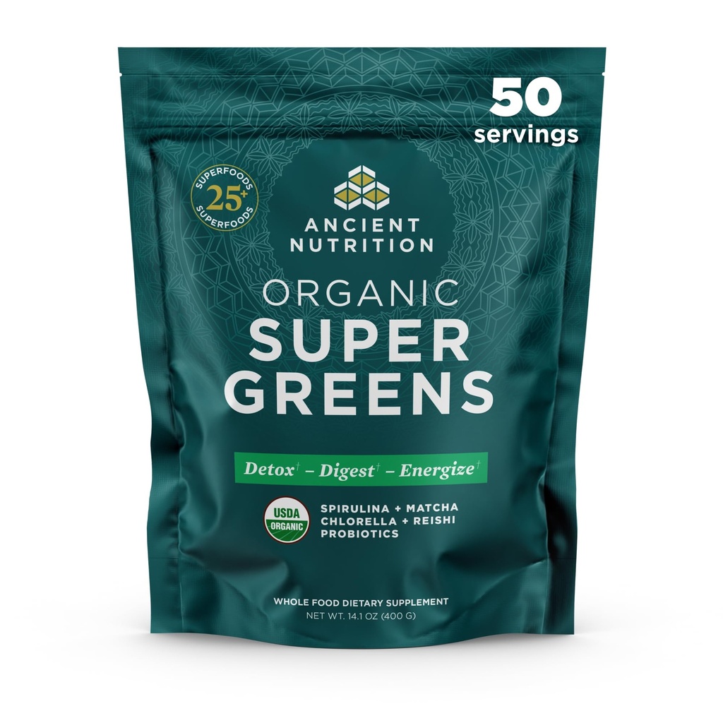 Ancient Nutrition Super Zielonych Proszek, Organic Superfood Proszek z probiotyką Made with Spirulina, Chlorella, Matcha, i Enzymy trawienne, 50 Słupki, 14.1 oz