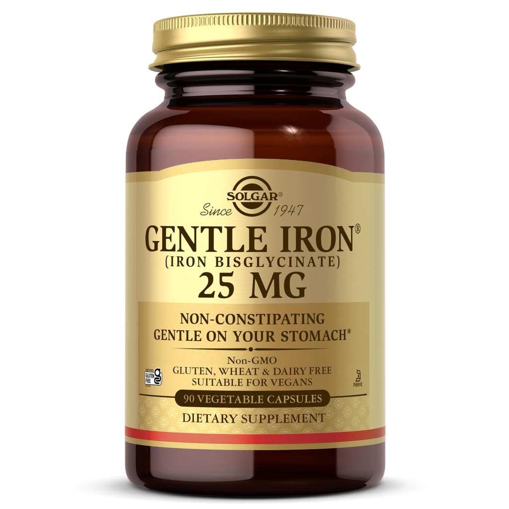 Solgar Gentle Żelazko 25mg, 90 Kapsułki wegetatywne - Energia, Normalna produkcja czerwonych krwinek - Delikatnie na żołądku - Non-GMO, Wegan, Gluten Free, Dairy Free, Kosher - 90 Służenie