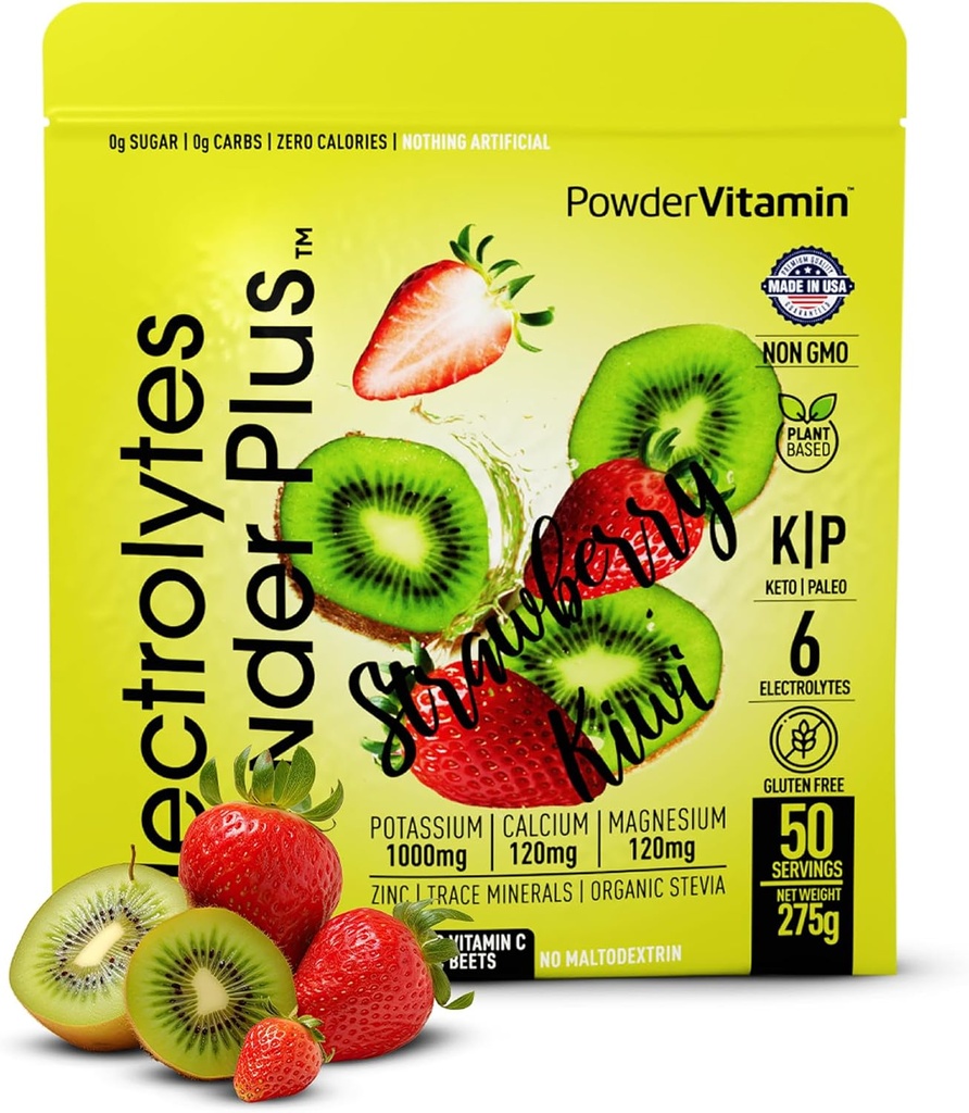 Electrolytes Powder Plus (50 Servings), 0 Calorie Keto, 0 Sugar, No Maltodekstryna, 1000mg potasu, 120mg wapnia, 120mg magnezu, proszek nawadniający (50 Servings, Truskawka Kiwi)