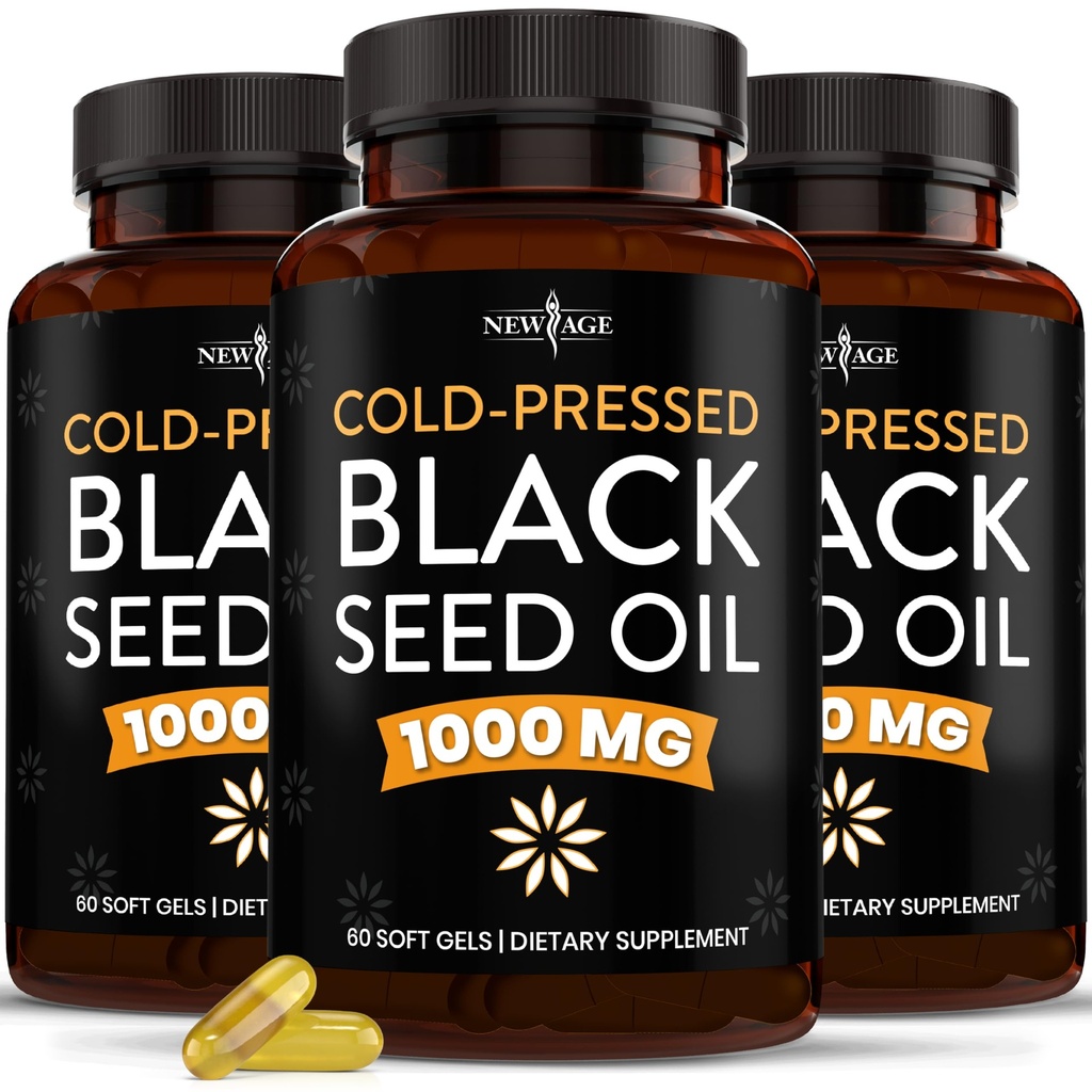 Nowy wiek Olej z nasion czarny Softgel kapsułki - Premium Cold- Pressed Nigella Sativa Producing Pure Black Cmin Seed Oil - Non-GMO & Wegetarian 90 Count (Pack of 3)