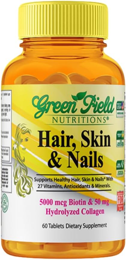 Greenfield Nutritions Halal Biotin Tablet dla dorosłych - 60 Halal Multivitamin dla skóry włosów i paznokci - Wysoka moc 5000mcg Biotin z 50mg Collagen i Minerały - Żelatyna Gluten Free, Witamina Non-GMO