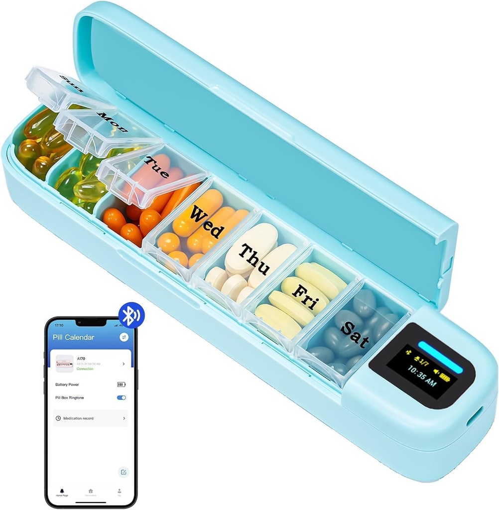 Daviky Smart Pill Organizator z alarmem, Bluetooth Daily Once a Day Pill Box 7 Day z APP, Weekly Travel Pill Case, Portable Pill Reminder for Medicines, Suplementy i Witaminy (Zielony)