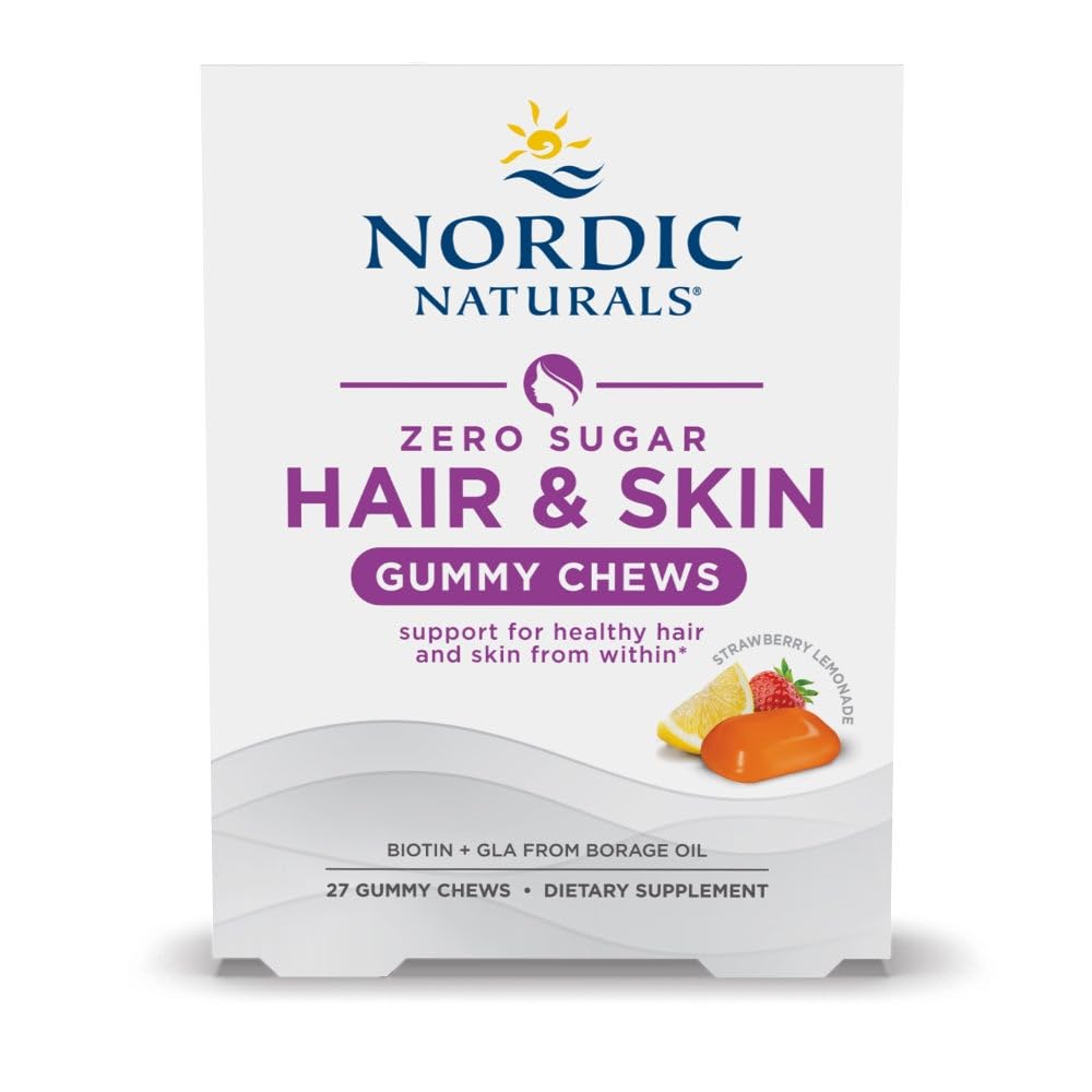 Nordic Naturals Zero Sugar Hair & Skin Gummy Chews, Truskawka Lemoniada - 27 Gummy Chews - Biotin + GLA z Oil Borage - Promotes Healthy Balance of Fats in Skin - Non-GMO - 27 Służenie
