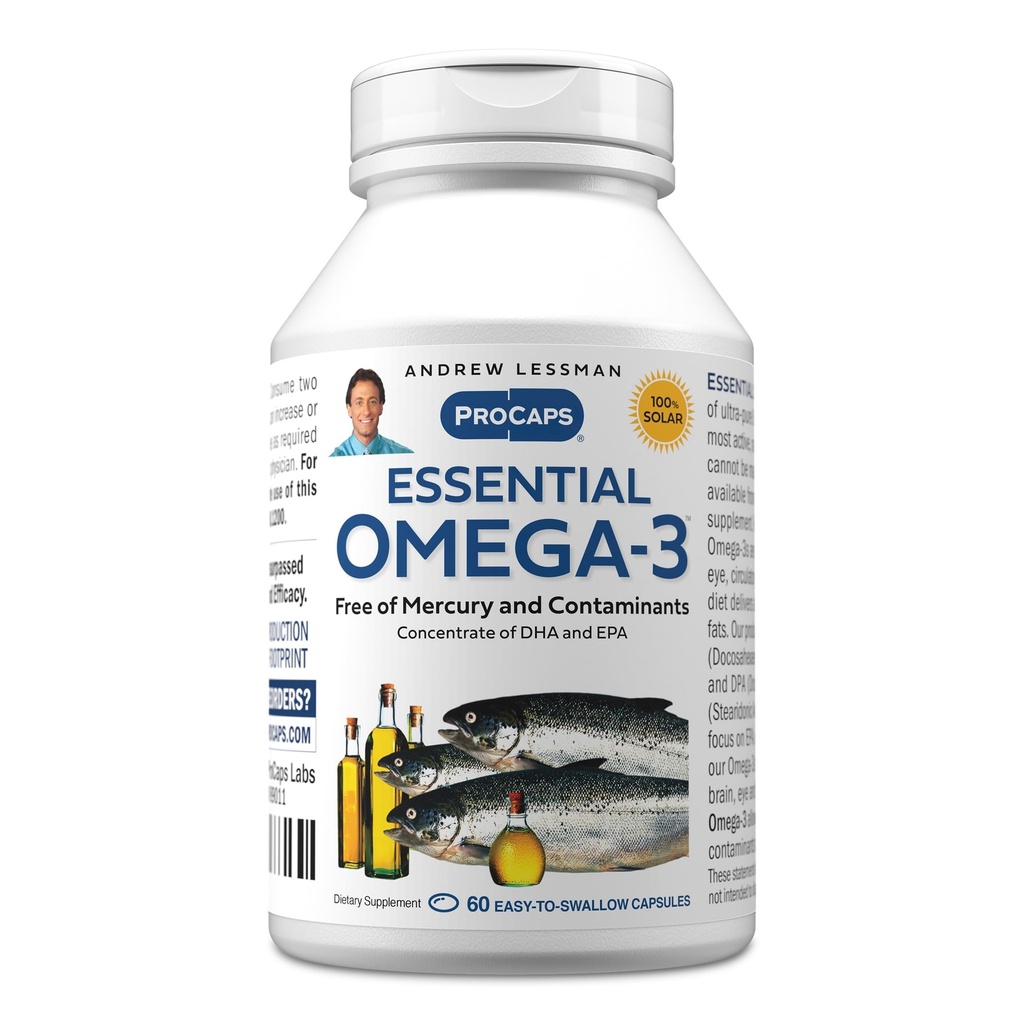 ANDREW LESSMAN Essential Omega-3 Unflavored - 60 Softgels - Ultra- Pure, High Potency Omega-3 Oils. Wysoka DHA, brak żołądka, brak środków trujących, brak rtęci. Małe łatwe do połykania Softgels