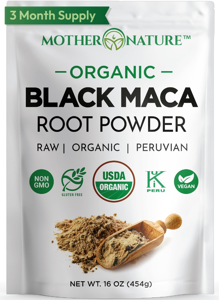 Organiczny, Surowy Peruwiański Czarny Maca Root Powder - Premium USDA Certified, Idealny dla mężczyzn i kobiet, Boost Workouts, Enhance Muscle Recovery, Non-GMO, Wegan Superfood, 16 oz