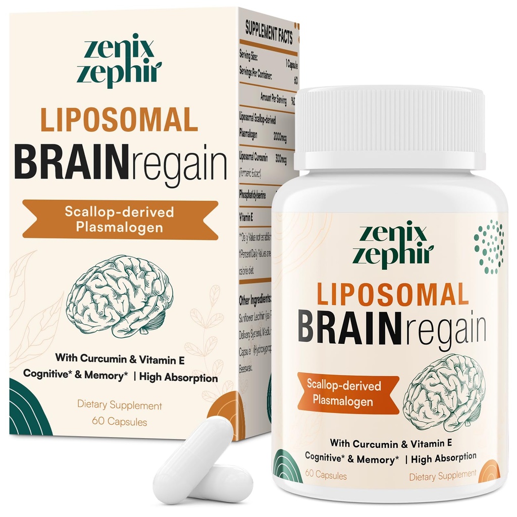 Liposomal Brain Supplements for Memory and Focus - Plasmalogen z Curcumin & Witamina E dla lepszego wchłaniania - Nadaje się dla seniorów, dorosłych mężczyzn i kobiet Cognitive Health, Wysokiej mocy 60 Służenie