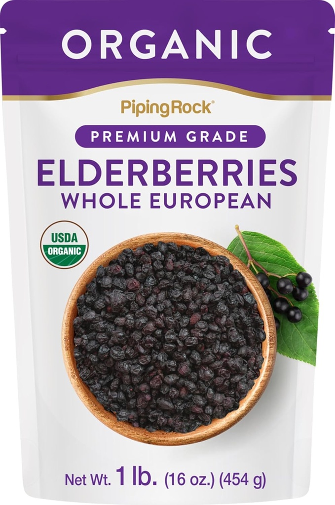 Piping Rock Elderberries Suszony organiczny 124; 1lb uzupełnienie luzem 124; European Whole Berries 124; Vegetarian, Non-GMO, Gluten Free