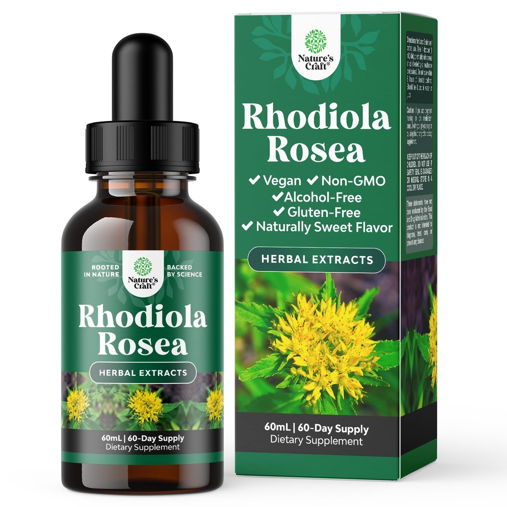 Natures Craft High Potency Rhodiola Rosea Tincture -Liquid Rhodiola Supplement for Stress Energy and Mood Support with 3% Salidrosides Rosea Extract - Vegan Non-GMO & Alcohol-Free - 2 Fl Oz