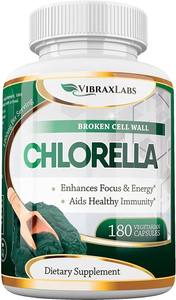 VibraxLabs Chlorella Kapsułki - Broken Cell Wall 600 mg Veggie Pills (1200 mg Serving) - Suplement z protein w proszku do naturalnej detoksykacji, Najlepsze z Spirulina, Brak posmaku, Made in USA