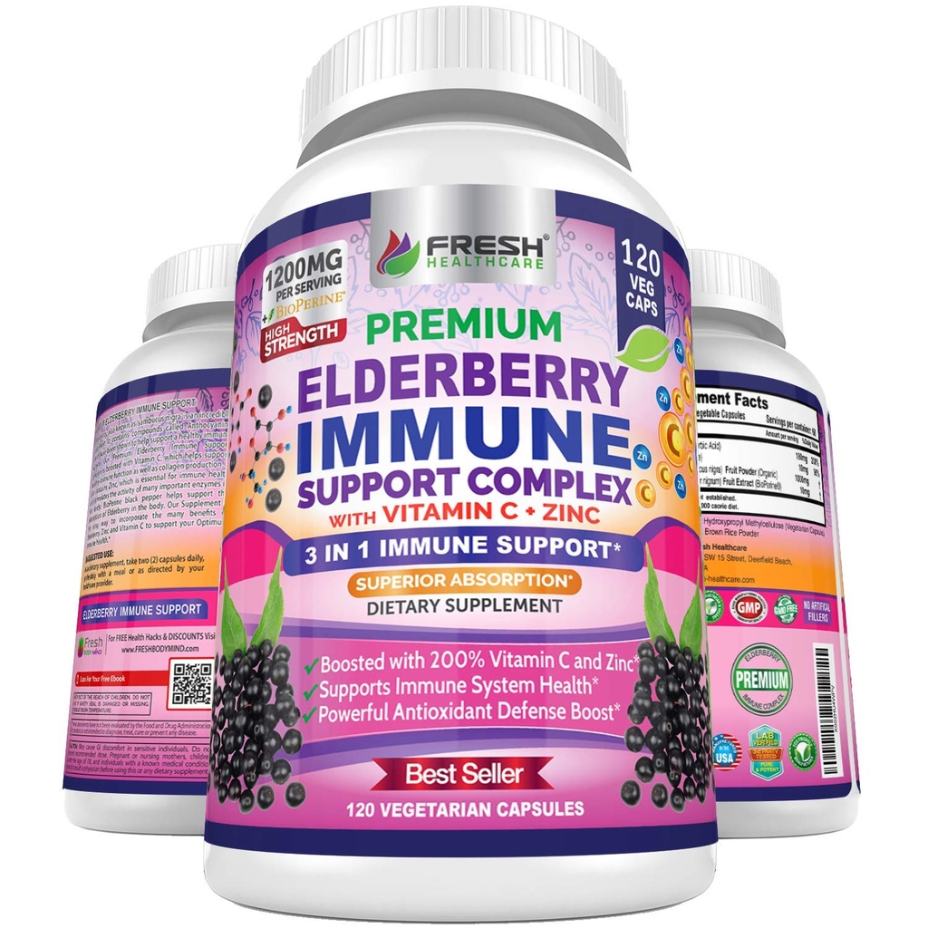 ŚWIEŻE ZDROWIE Elderberry Kapsułki - Wysoka potencja Czarna Elderberry z cynkiem i witaminą C - Premium 3- in-1 Wsparcie immunologiczne Witaminy dla dorosłych