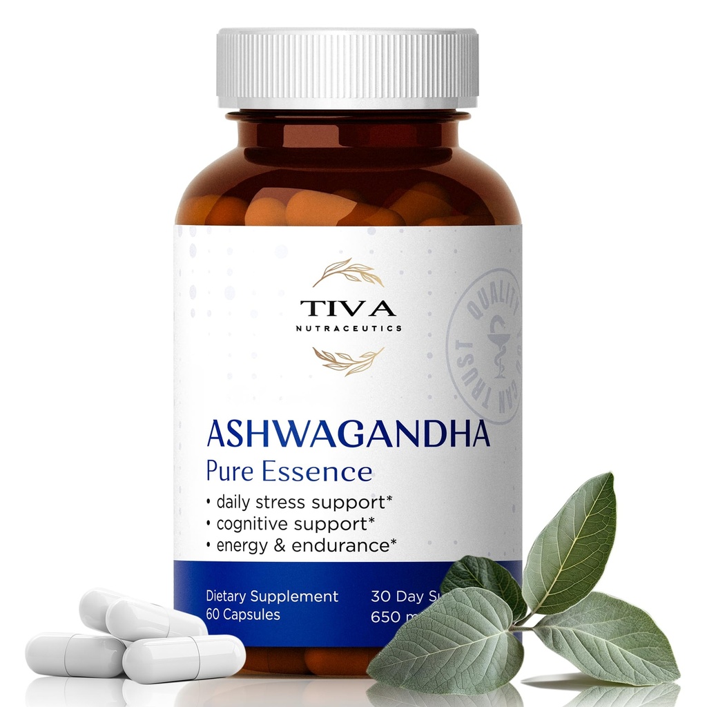 TIVA Ashwagandha kapsułki 650mg z ekstraktem Black Pepper - Naturalne wsparcie dla stresu, metabolizmu, funkcji immunologicznych i nastroju - wegan, nie- GMO, Lab- Tested - 60 Kapsułki ziołowe