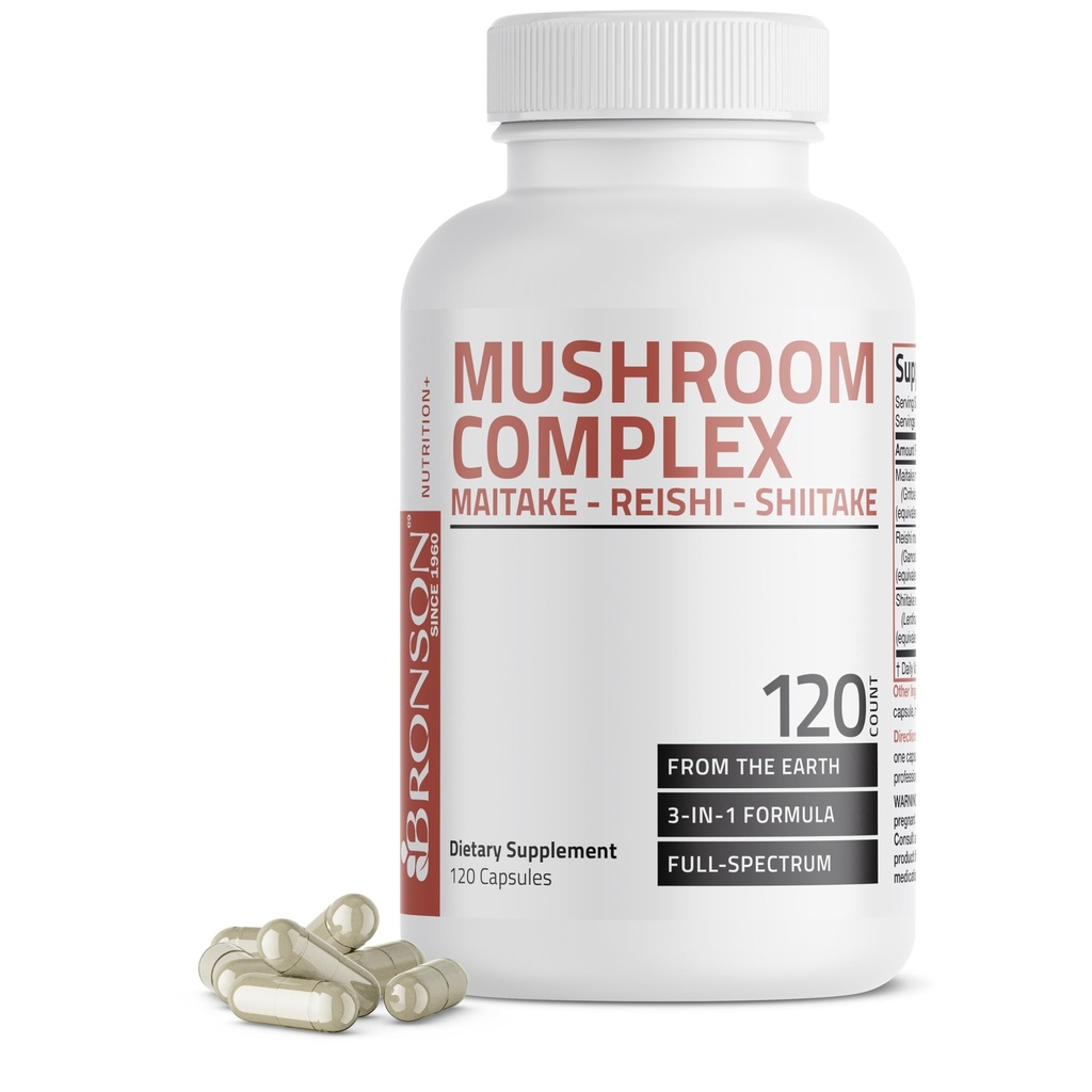 Bronson Triple Mushroom Complex - Maitake - Reishi - Shiitake - Potężny antyoksydant i system immunologiczny Booster - Full Spectrum Mushroom Complex - 600 mg kapsułki - 120 Count