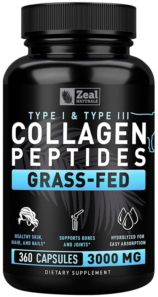 Zeal Naturals Collagen Peptides Collagen Pills (360 kapsułki) Kolagen z trawy w proszku Pepetide - Zhydrolizowany Collagen Proszek do JointTendon SupplementHair Skin and Nails -