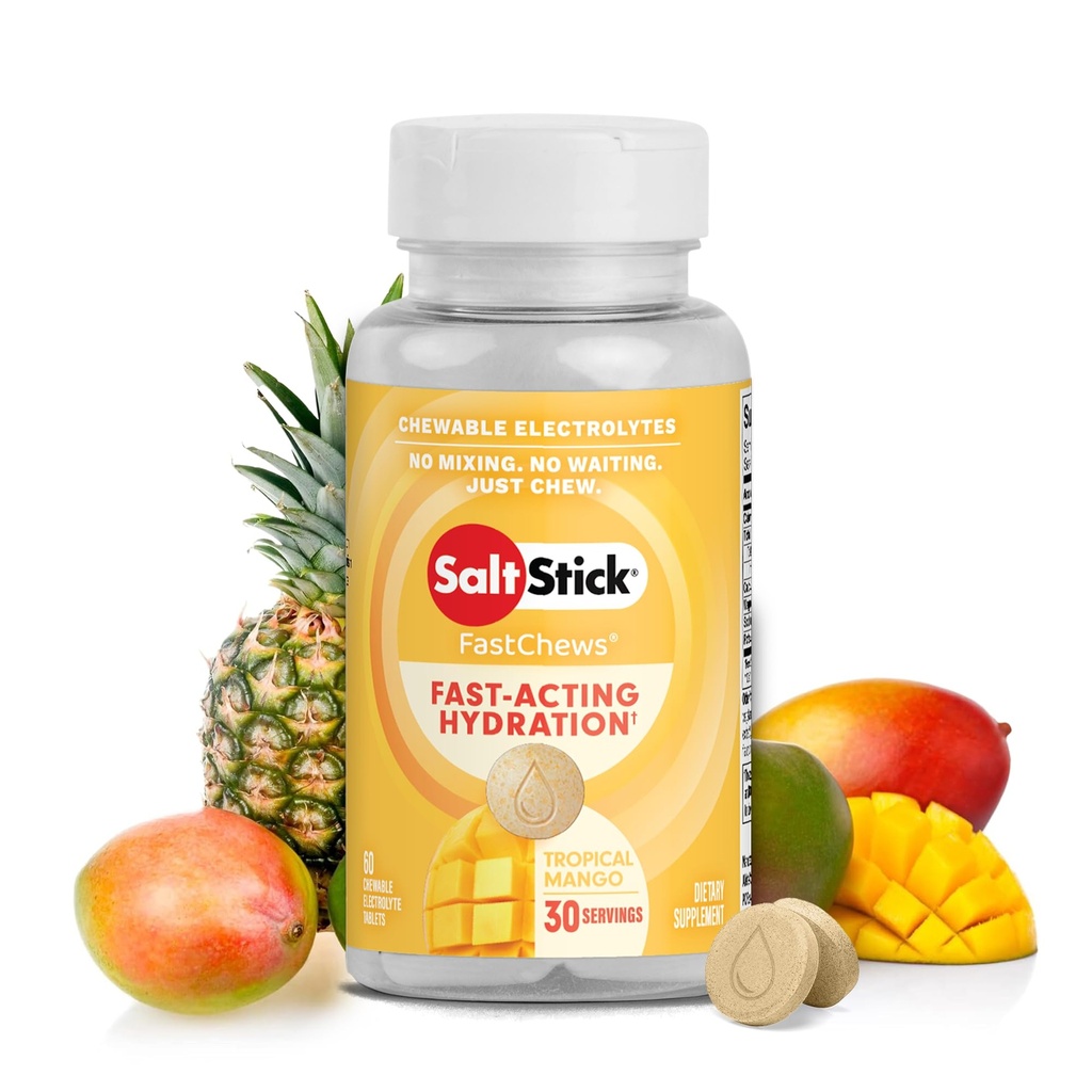 SaltStick Electrolyte FastChews - 60 Tropical Mango Chewable Electrolytes - Solne tabletki do biegania i nawadniania, Electrolyte Chews - 60 Count