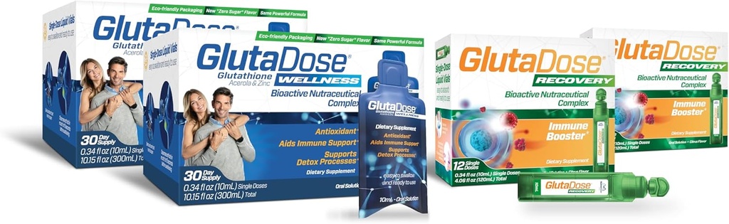 GlutaDose Ultimate Immune Boost & Daily Detox Bundle, Cold & Flu Recovery, Immune & Energy Support, Glutathione, Astragalus, Echinacea, Acerola (1000 mg mieszanki), Selenium, Cynk, Płynne suplementy
