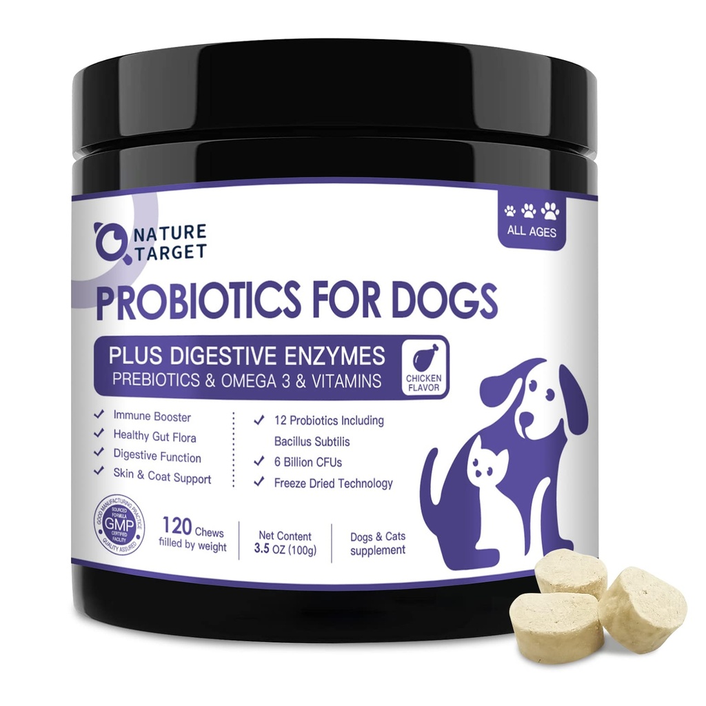 NATURE DOCELOWE Probiotyki dla psów, 6 Miliard zamrożonych Suszonych Psów Probiotyki z Prebiotyki i Enzymy, Witaminy, Omega 3, dla Digestive & Gut Health, Itch Relief, Redukcja Biegunka, 120 Bites