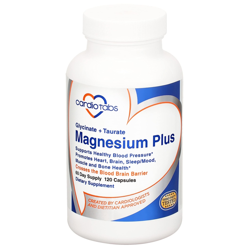 Magnez Plus - 200 mg glicynianu magnezu i tauratu magnezu na ciśnienie krwi, serce, mózg, wsparcie snu i nastrojów - silnie skoncentrowane i dobrze wchłaniane - 120 kapsułek