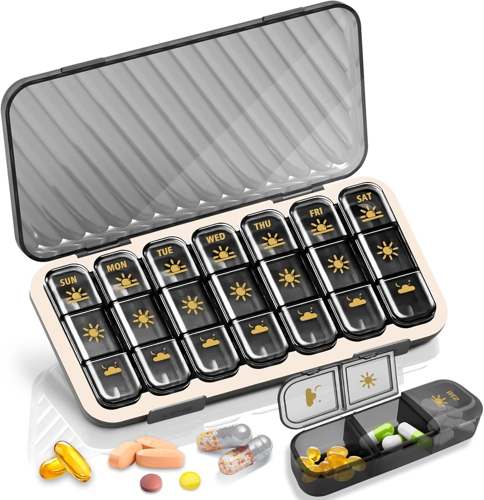 Cotygodniowy Pill Organizator 3 razy dziennie, Globals Big Travel Pill Box 7 Day, Am Pm Trzy codzienne pill Case z usuwalny pojemnik na leki, Pill Holder dla witaminy, Suplement, Olej rybny, Czarny