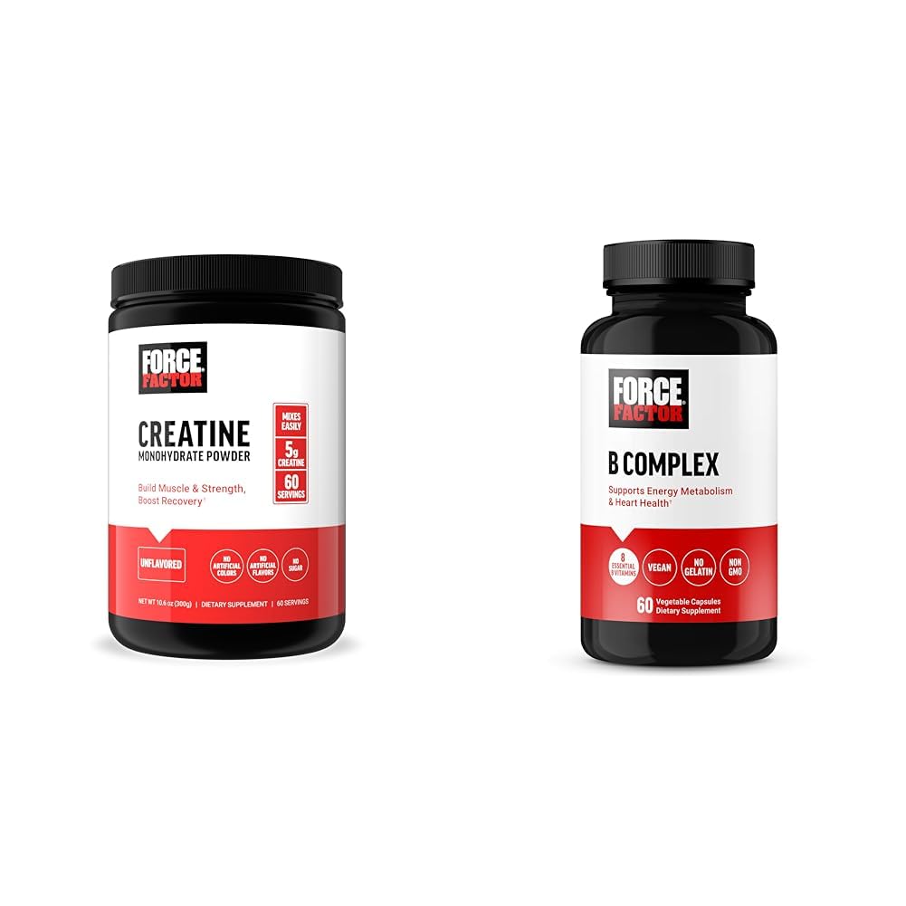 Force Factor Creatine Proszek 60 Służenia i witamina B Kompleks 60 Kapsułki Paleta dla Muscle Gain, Siła, Energia, i szybsze odzyskiwanie