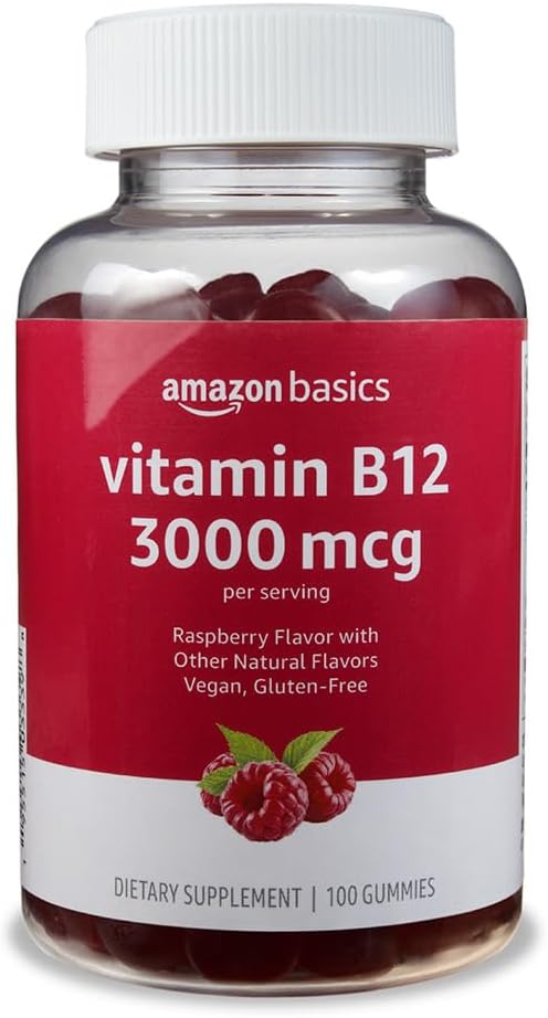 Podstawy Witamina B12 3000 μg Gummies, Normalna produkcja i metabolizm energii, Wsparcie układu immunologicznego, Malina, 200 Licznik (2 opakowania po 100), 2 za porcję