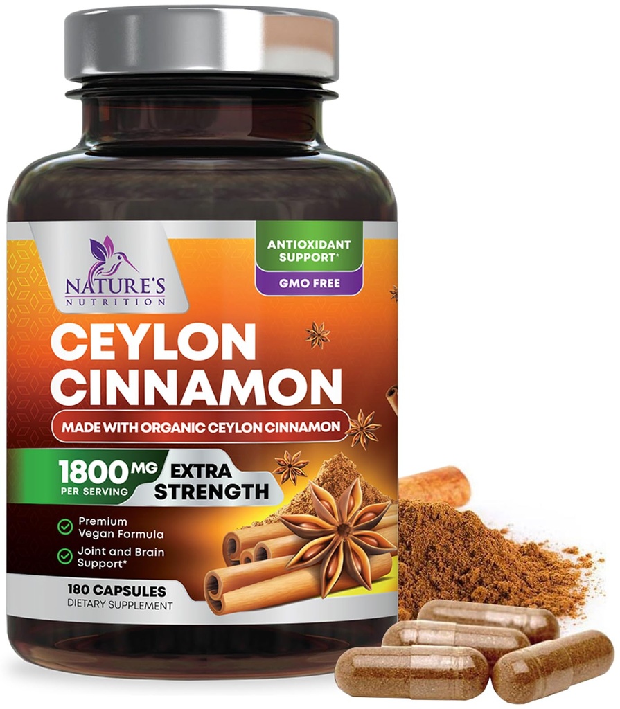 Organic Ceylon Cynamon Supplement 1800mg - Certified Organic Ceylon Cynamon w proszku Pigułki - Energy & Heart Support for Women & Men, Butelka w USA, Antyoksydant, Gluten Free, Non-GMO - 180 Kapsułki