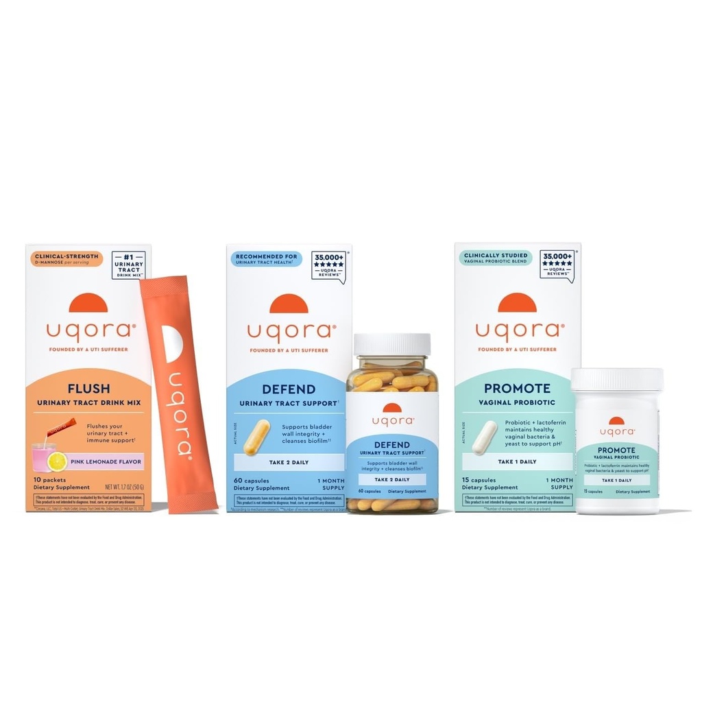 Uqora Kompletna Regulacja z Flush, Defend & Promote - Urynary Tract Support z D- Mannose, Witamina C, Green Tea Extract, Probiotyki & More - Kompleksowe Bladder Health Support * - 3- Część Pasek