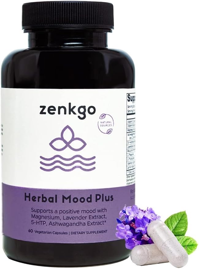 Zenkgo Ashwagandha, 5- HTP, Lavender, Mucuna, L- tryptofan - Mood Supplement Supplement, Plant- Based, Herbal Mood Plus pomaga z spokojnym umysłem i stres ulgi, Emotion Blalance, Pozytivity (60Ct / 30Day)