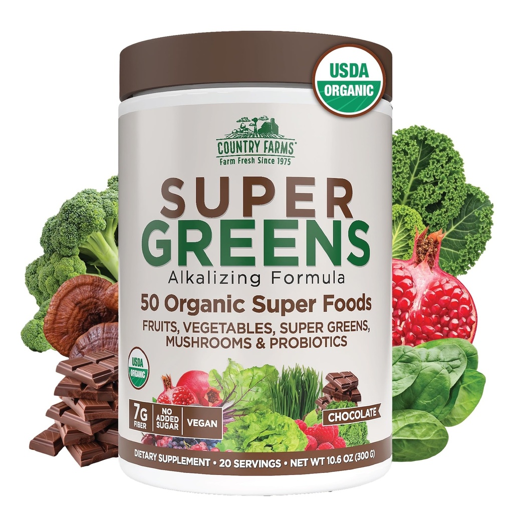 Krajowy Farmy Organiczne Super Zielony Smak Czekoladowy, 50 Organic Super Foods, USDA Organic Drink Mix, Pakowane z włóknem, Owoce, Warzywa, Grzyby i Probiotyki, Supports Energy, 7g Fiber