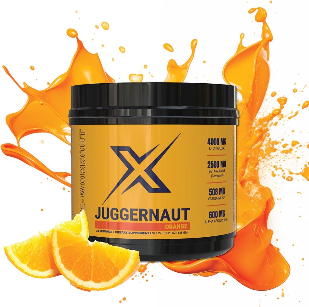 Juggernaut X Pre- Workout Supplement (Orange) - Wzmacnia wytrzymałość, wytrzymałość, Energia - L- Citrulina, Beta- Alanina, Kreatyna, Wzmocniony VasoDrive dla wsparcia ciśnienia krwi - 30 Służenia