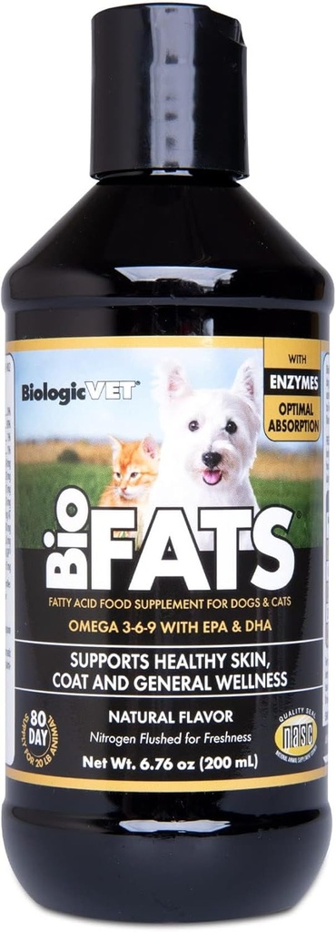 BiologicVET BioFATS - Zawiera Omegas 3, 6 i 9 - z EPA, DHA & ALA - dla psów i kotów - Skin & Joint Health Support - Obejmuje ryby, nasiona roślin lnianych i oliwę z oliwek - 6.76 fl. oz.