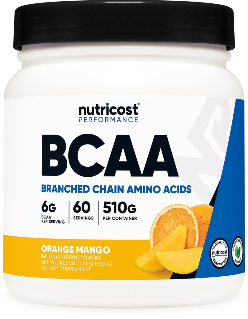Nutricost BCAA Proszek (Pomarańczowy Mango, 60 Służenie) - 2: 1: 1 Optymalny stosunek, Gluten Free, Non-GMO, Wegetarianin