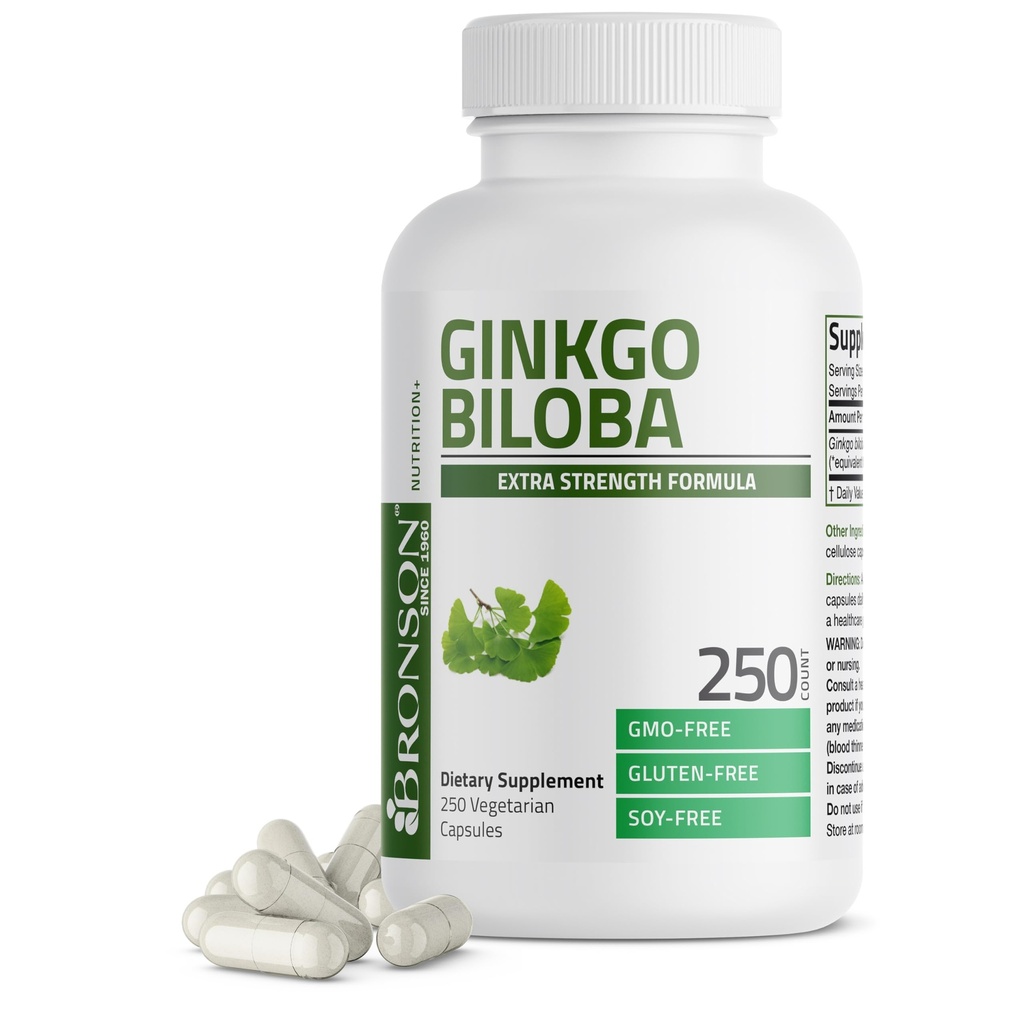 Bronson Ginkgo Biloba Dodatkowa siła Wspomaga funkcje mózgu i wsparcie pamięci, 250 Kapsułki wegetariańskie