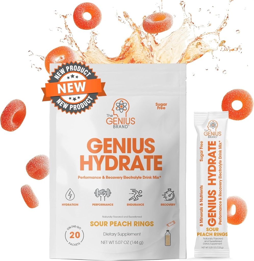 Genius Brand Genius Hydrate - Suplement Electrolyte do Codziennej Hydration - Woda kokosowa - Bez cukru - 8 Minerałów i składników odżywczych - Non-GMO - Sour Peach Rings - 20 Sług