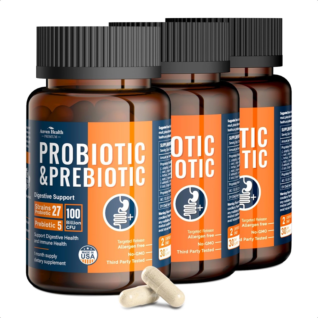 100 Miliard Probiotyki dla mężczyzn i kobiet 27 Szczepy 5 Organiczne Prebiotyki dla Gut Digestive & Immune Health, Wspiera Diarrhea Gas Bloating, Non-GMO, Zero Fillers - Made in USA