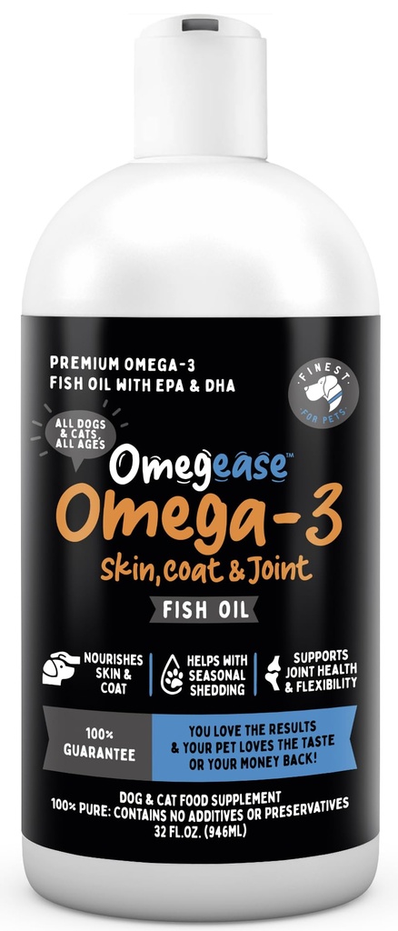Omegeaza Olej rybny dla psów i kotów - Najlepsza dla zwierząt domowych Omega 3 dla kotów i psów - Suplement do skóry i płaszcza, swędzenie, rozrzucanie, łączenie i zdrowie immunologiczne - 100% Czysty olej rybny Omega z EPA & DHA (32 oz)