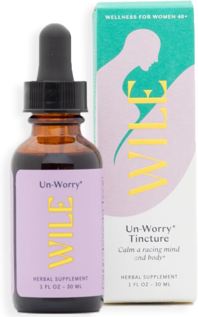 WILE Un- Worry Tincture for Women - Spokój, Focus & Mood Supplement Supplement Liquid with Holy Basil, Bacopa & Reishi, Herbal Perimenopause, Menopauza, Hormonal Support Drops for Stress, 1fl oz