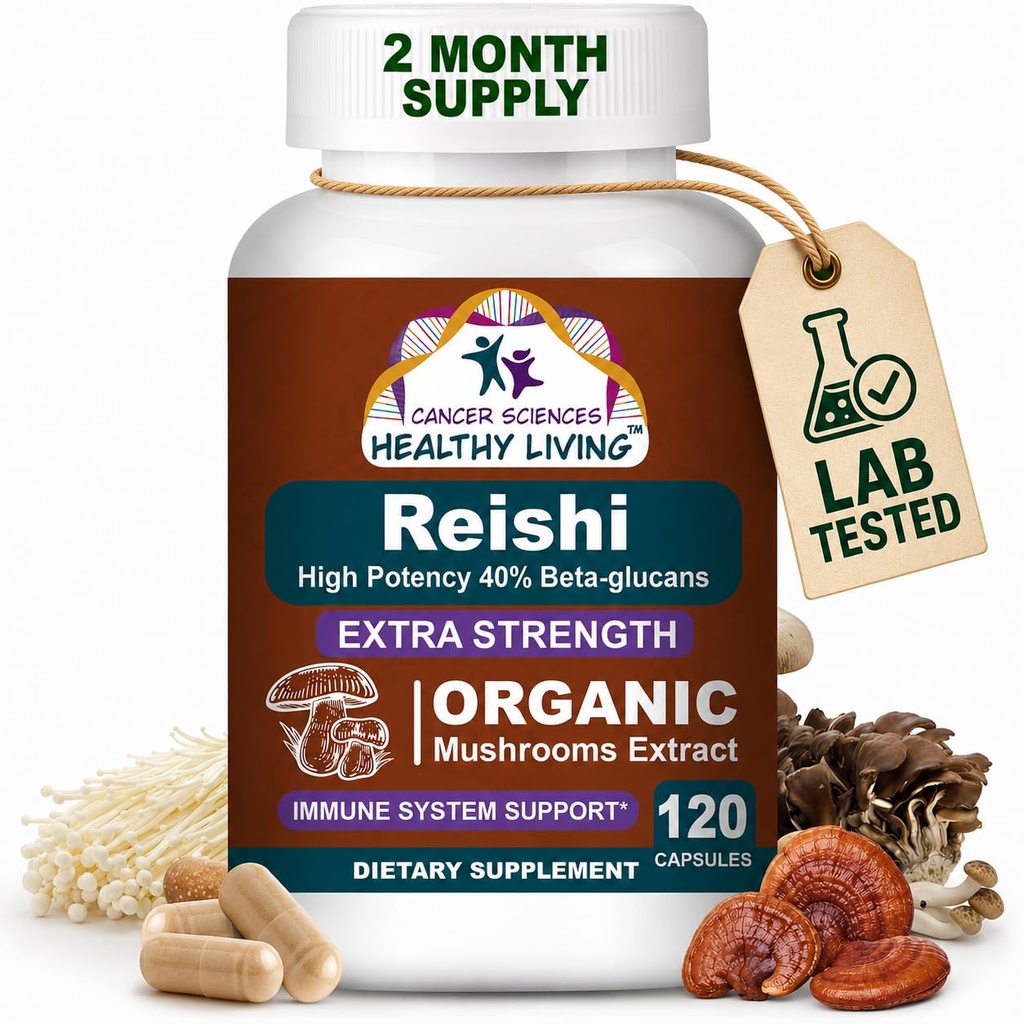 CANCER SCIENCES Reishi Wellness Mushroom Supplement Kapsułki, USDA Certified Organic Mushrooms Extract, Dodatkowa moc 1500 mg, Wysoka moc 40% Beta- Glukany, Immune Support, Anti-aging, 120 Kapsułki