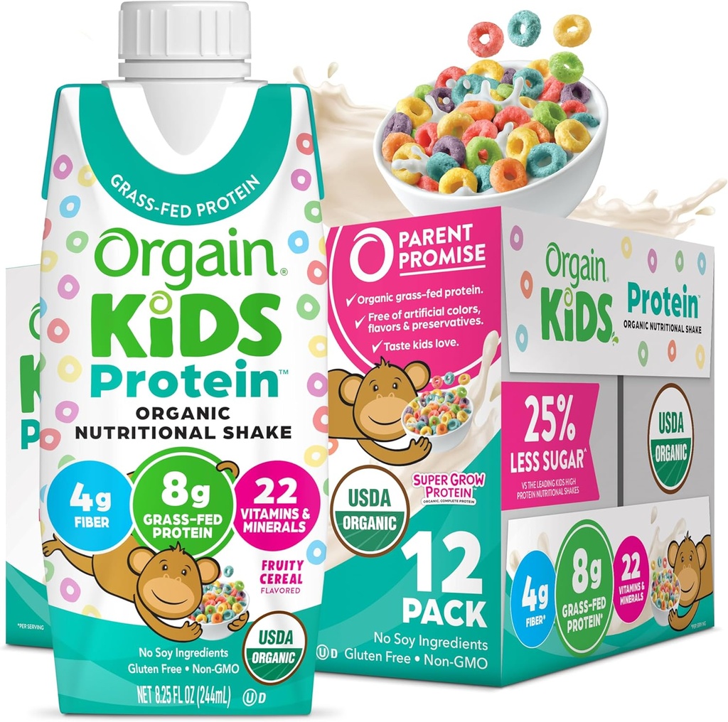 Orgain Organic Kids Nutritional Protein Shake, Fruity Cereal - Przekąski dla dzieci z 8g białka mlecznego, 22 Witaminy i minerały, Owoce i warzywa, Gluten Free, Soy Free, Non-GMO, 8.25 Fl Oz (Opakowanie 12)