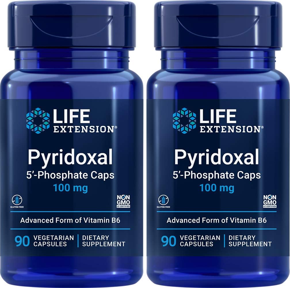 Life Extension Pyridoxal- 5 '-Fosforan Czapki P5P 100 mg, 90 Kapsułki Veg (Opakowanie po 2) - Zaawansowany suplement witaminy B6